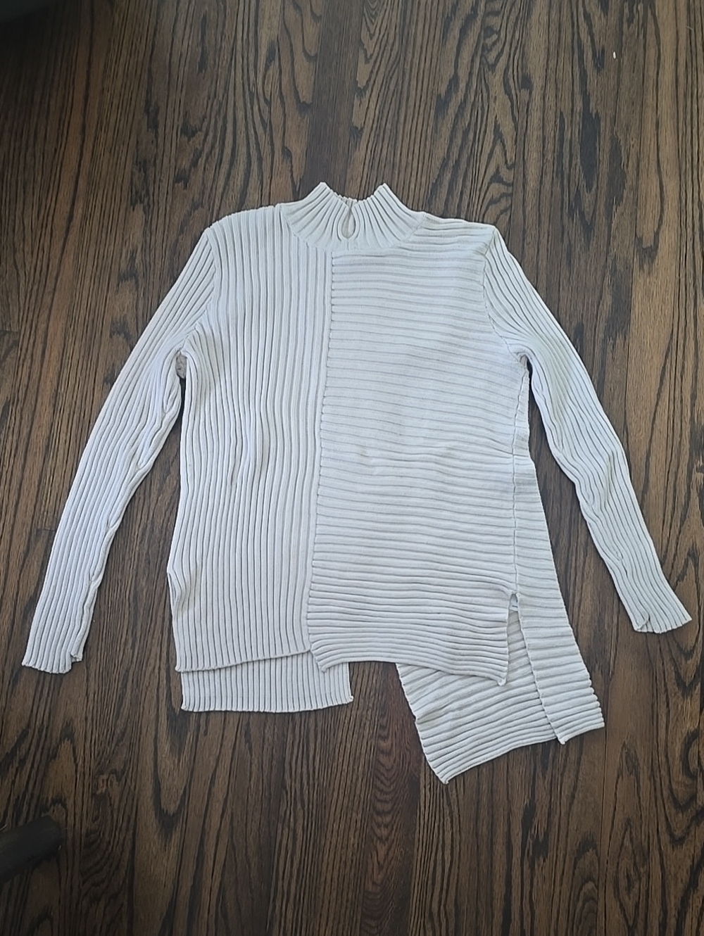 CABI EUC Cream Ribbed Asymmetric Mock Neck Sweater